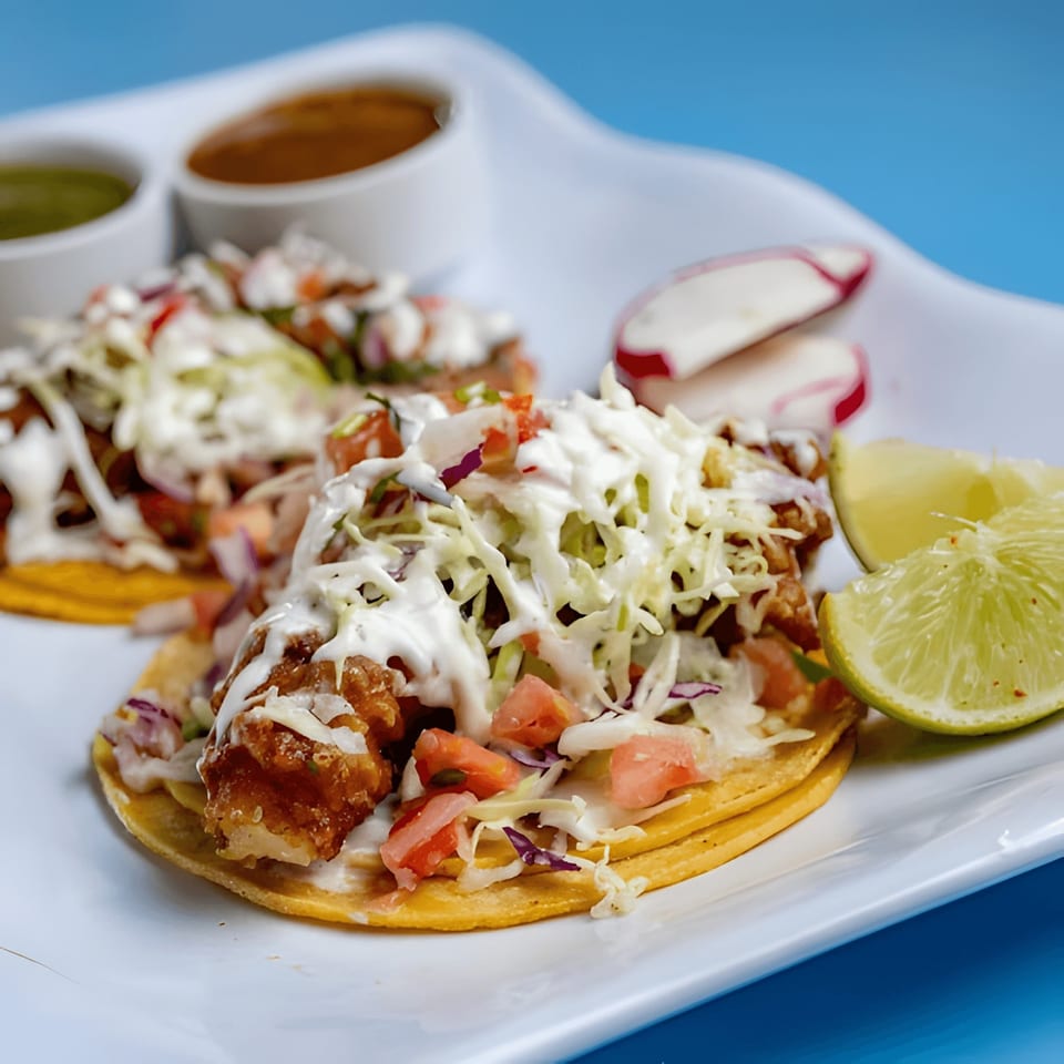 Two Baja California fish tacos with cabbage, pico de gallo, and crema, served with lime and sauces.