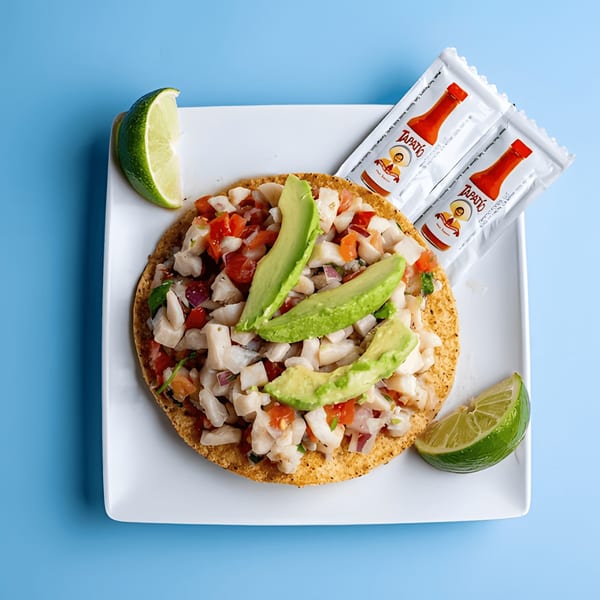 Ceviche tostada with avocado, lime wedges, and Tapatío hot sauce packets on a white plate.