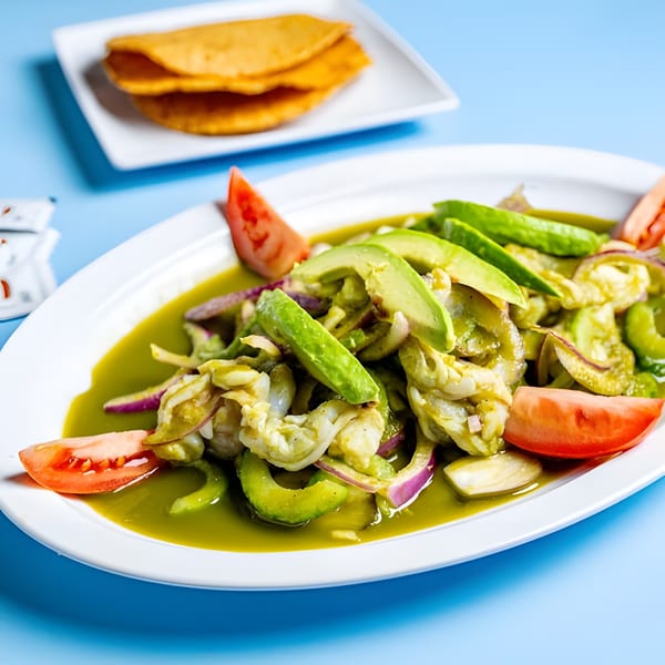 Shrimp ceviche with avocado, red onion, and tomato in green sauce, with tacos in background.